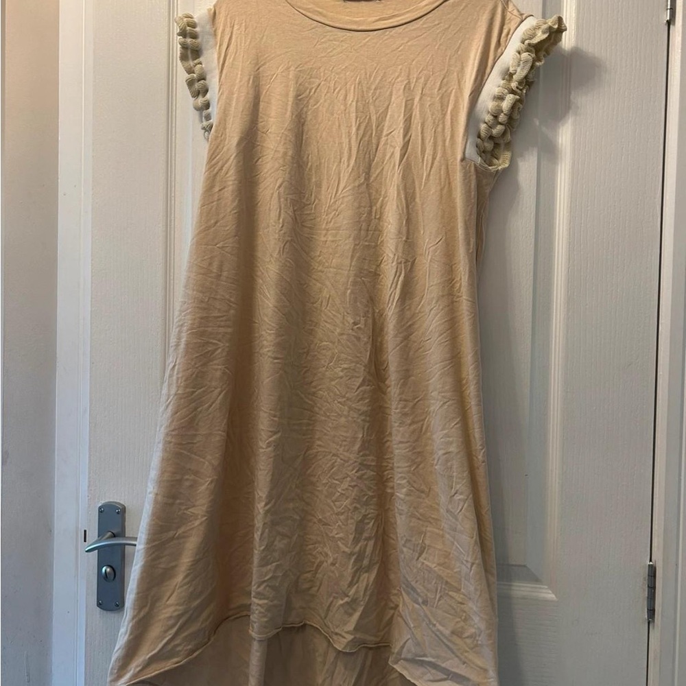 Beige Cap Sleeve Dress with Pom Pom Trim